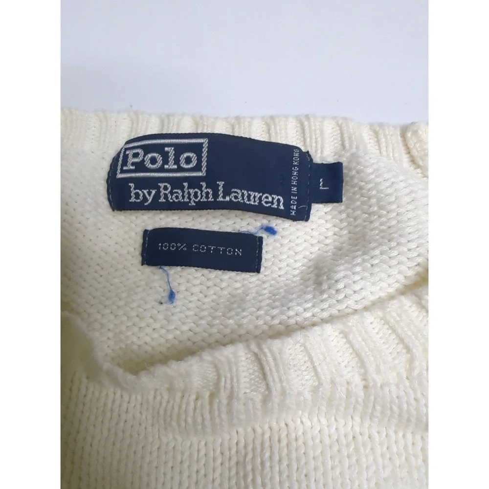 Vtg Polo Ralph Lauren Cable Knit Sweater White L Plaid Crest The Venturi 1993
